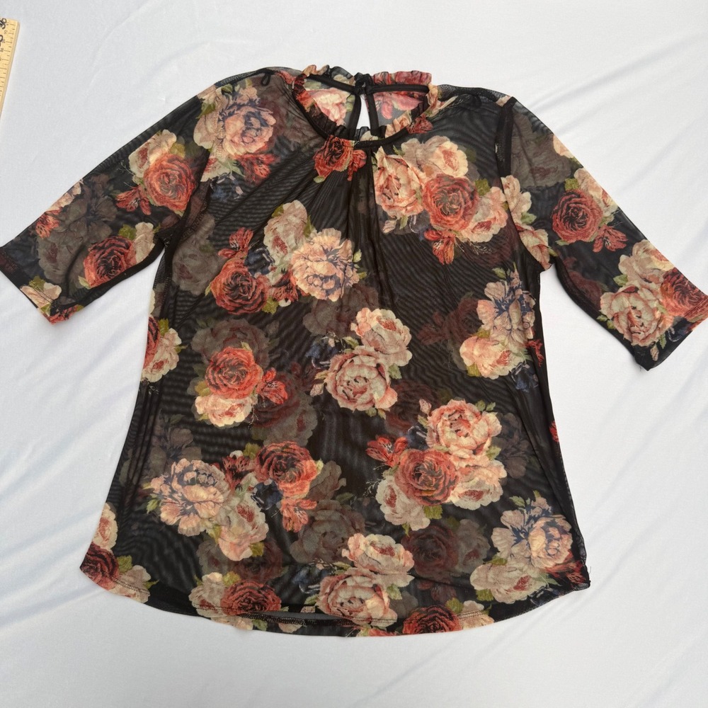 Gap Sheer Floral Mesh Top Ruffle Neck 1/2 Sleeve Romantic Goth Black Burgundy S - Picture 6 of 8